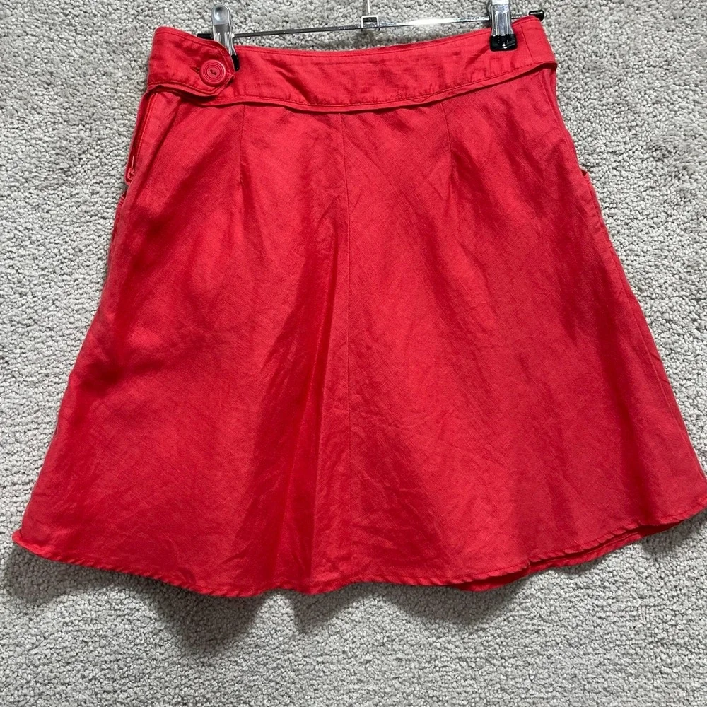 H&M Skirt Women's 4 Red Linen Button Side‎ Zipper Pleated A-Line Mini Pocket